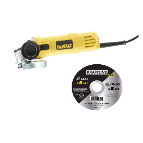 Szlifierka kątowa 900 W DeWalt + zestaw 10 tarcz KRAFTLINE PRO