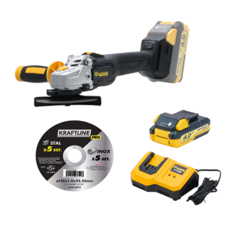Bezszczotkowa szlifierka kątowa Kaltmann TITANIUM z akumulatorem 4.0 Ah oraz ładowarką 4,5 A + zestaw 10 tarcz KRAFTLINE PRO