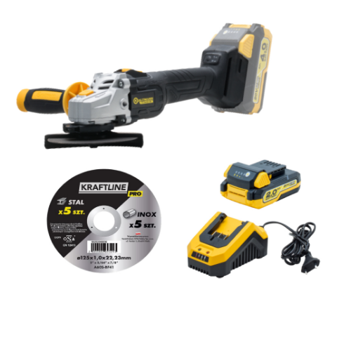 Bezszczotkowa szlifierka kątowa Kaltmann TITANIUM z akumulatorem 2.0 Ah oraz ładowarką 2.4 A + zestaw 10 tarcz KRAFTLINE PRO