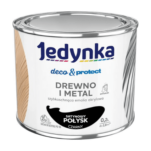 Farba akrylowa Jedynka Deco&Protect Drewno i Metal Satynowy Połysk Czarny 0,2 l