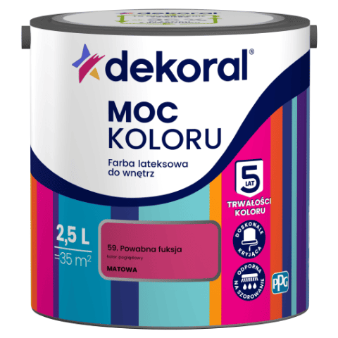 Farba lateksowa do wnętrz MOC KOLORU Powabna fuksja 2,5 l Dekoral