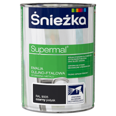 Emalia olejno-ftalowa do drewna i metalu Supermal Czarny RAL9005 0,8 l Śnieżka