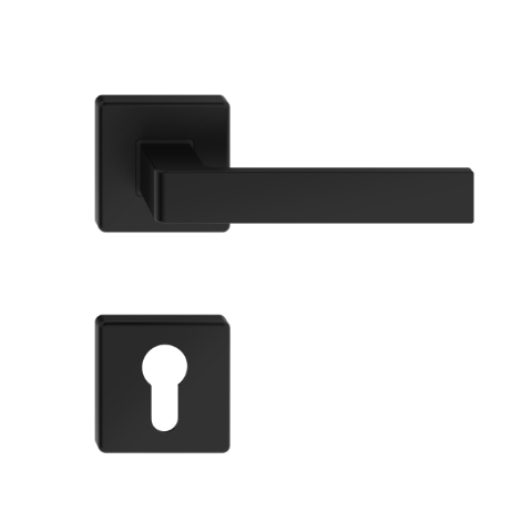 Klamka do drzwi czarna ERGO na kwadratowym szyldzie, szyld na wkład w komplecie