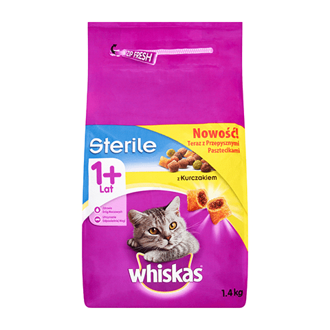 Karma dla kotów dorosłych pełnoporcjowa Sterile z kurczakiem przepyszne paszteciki 1,4 kg Whiskas
