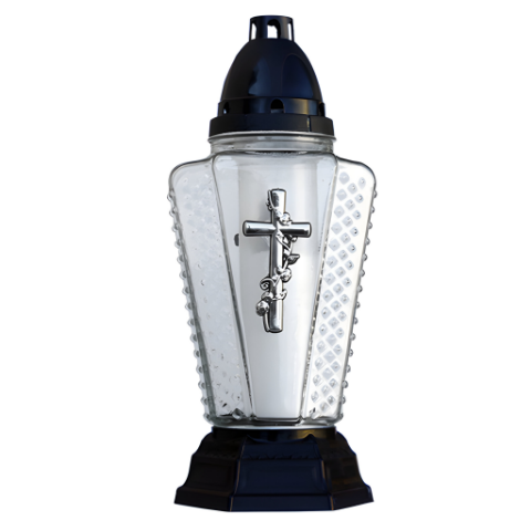 Znicz szklany krzyż  31,5 cm srebny