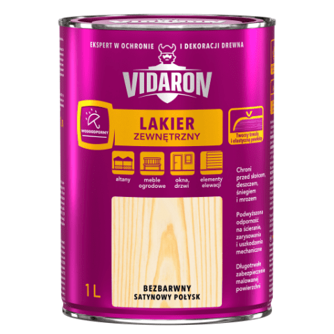 Lakier zewnętrzny bezbarwny satynowy połysk 1l VIDARON