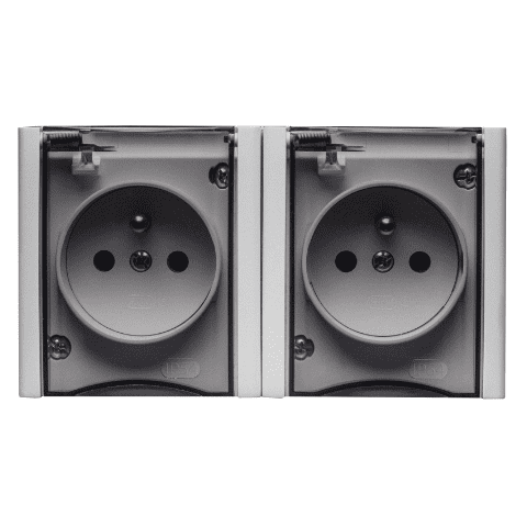 Gniazdo podwójne BRAVO z uziemieniem białe/dymne wieczko n/t GNH-2BZ IP54